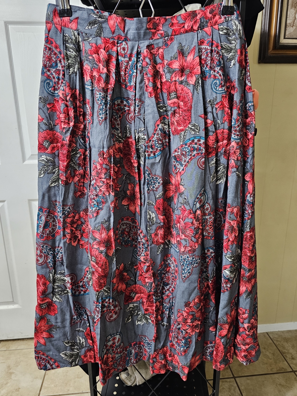 Floral Midi Skirt in Gray with Red Print, Made In The USA